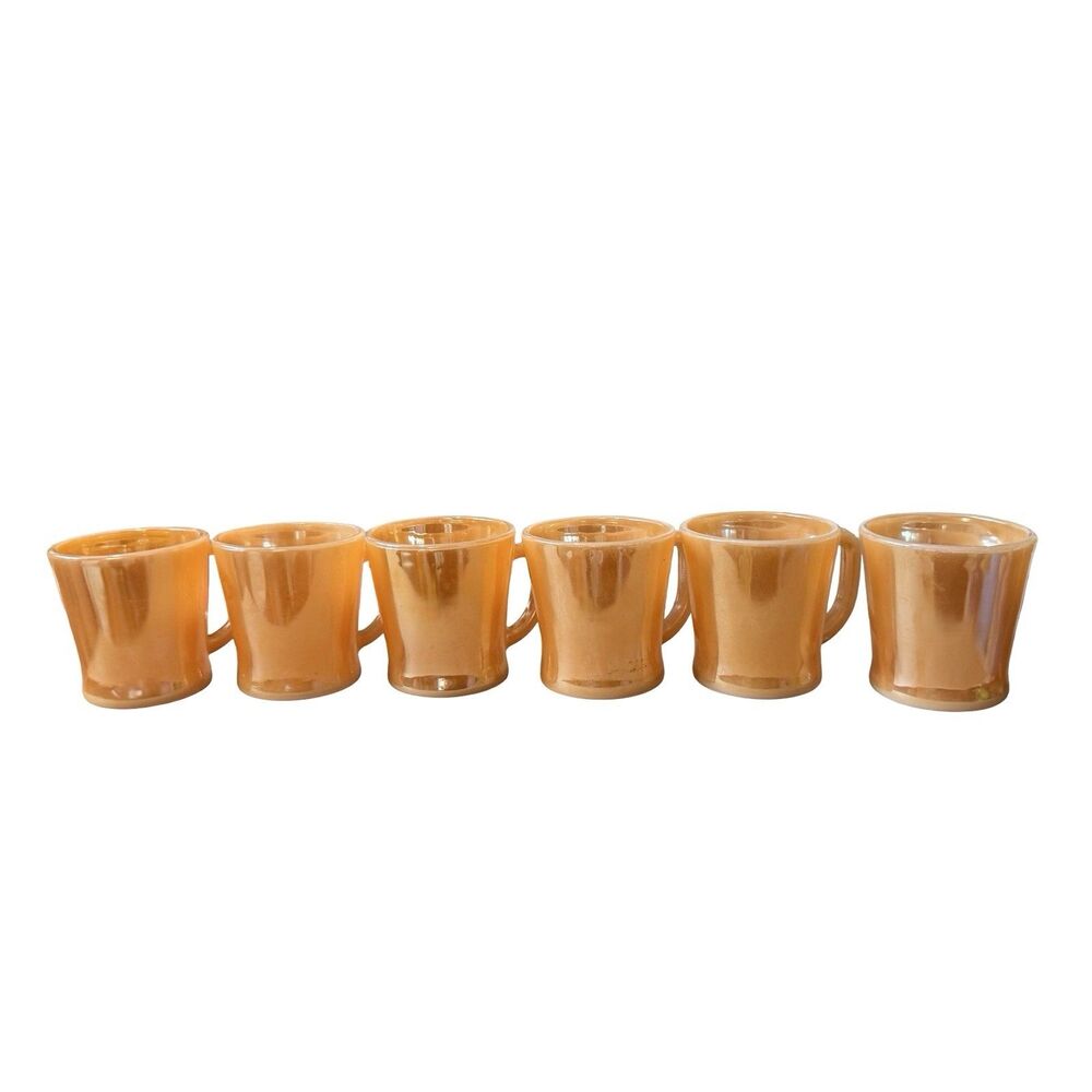 6 Fire King Peach LustreWare Mugs Anchor Hocking D-Handle Iridescent Mid Century